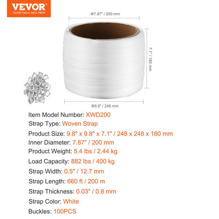 VEVOR omsnoeringstape 12,7 mm x 0,8 mm x 200 m geweven krafttape textieltape 400 kg
