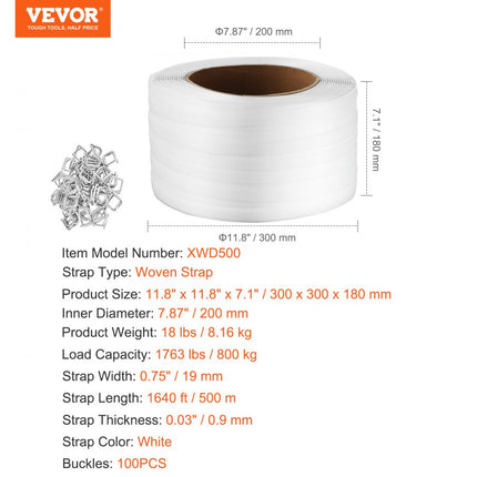 VEVOR omsnoeringsband geweven omsnoeringsband textielband 500m kraftband 800kg wit