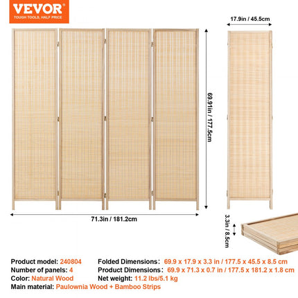 VEVOR scheidingswand privacyscherm 4 panelen handgeweven opvouwbaar bamboe