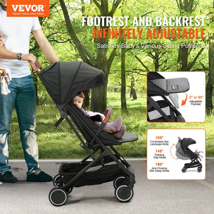 VEVOR kinderwagen, met 95°-175° verstelbare rugleuning en 0/90° verstelbare voetsteun en vouwfunctie met één klik, pasgeboren babybuggy met bekerhouder en draagtas, zwart