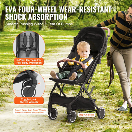 VEVOR kinderwagen, met 95°-175° verstelbare rugleuning en 0/90° verstelbare voetsteun en vouwfunctie met één klik, pasgeboren babybuggy met bekerhouder en draagtas, zwart