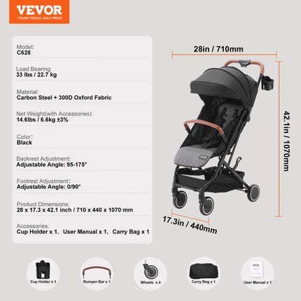 VEVOR kinderwagen, met 95°-175° verstelbare rugleuning en 0/90° verstelbare voetsteun en vouwfunctie met één klik, pasgeboren babybuggy met bekerhouder en draagtas, zwart