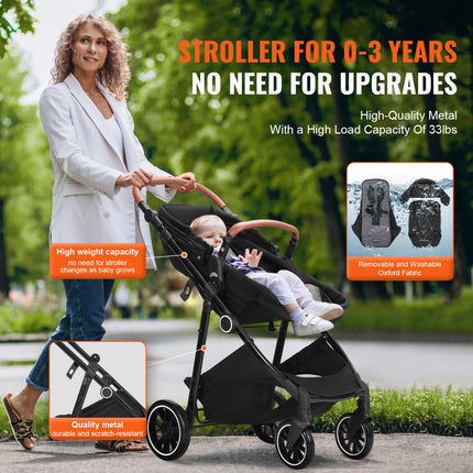 VEVOR standaard kinderwagen babybuggy met reiswieg verstelbare rugleuning met 3e versnelling en opklapbare en omkeerbare stoel pasgeboren buggy van koolstofstaal met beenafdekking en net zwart