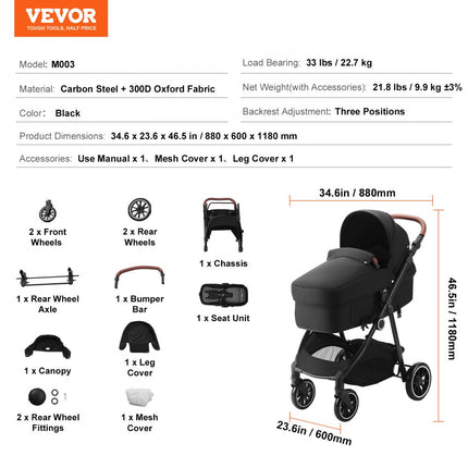 VEVOR standaard kinderwagen babybuggy met reiswieg verstelbare rugleuning met 3e versnelling en opklapbare en omkeerbare stoel pasgeboren buggy van koolstofstaal met beenafdekking en net zwart