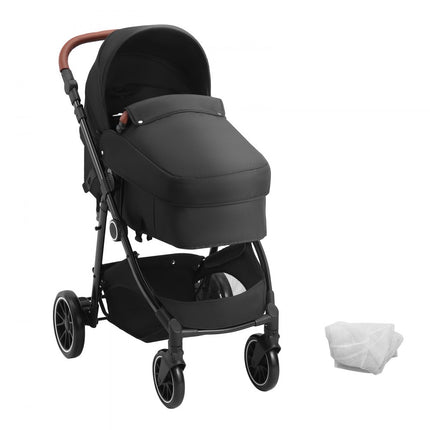 VEVOR standaard kinderwagen babybuggy met reiswieg verstelbare rugleuning met 3e versnelling en opklapbare en omkeerbare stoel pasgeboren buggy van koolstofstaal met beenafdekking en net zwart