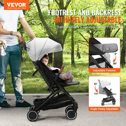 VEVOR standaard kinderwagen, met 95°-175° verstelbare rugleuning en 0/90° verstelbare voetsteun en één-klik vouwfunctie, kinderwandelwagen met bekerhouder en draagtas, lichtgrijs