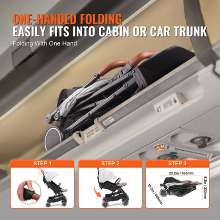 VEVOR standaard kinderwagen, met 95°-175° verstelbare rugleuning en 0/90° verstelbare voetsteun en één-klik vouwfunctie, kinderwandelwagen met bekerhouder en draagtas, lichtgrijs