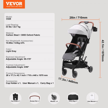 VEVOR standaard kinderwagen, met 95°-175° verstelbare rugleuning en 0/90° verstelbare voetsteun en één-klik vouwfunctie, kinderwandelwagen met bekerhouder en draagtas, lichtgrijs