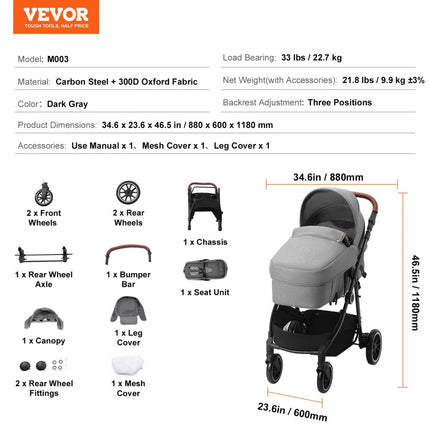 VEVOR Standaard kinderwagen met reiswieg, verstelbare rugleuning in de 3e versnelling en opklapbare en omkeerbare stoel, koolstofstaal kinderwagen voor pasgeborenen met beenafdekking en net, donkergrijs