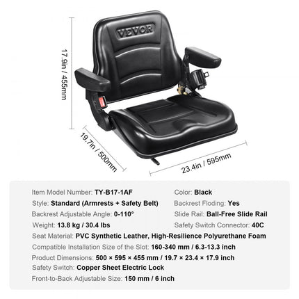 VEVOR universele tractorstoel van PVC-kunstleer en polyurethaanschuim Tractortractorstoel met verstelbare rugleuning en microveiligheidsschakelaar bestuurdersstoel met armleuningen en veiligheidsgordel