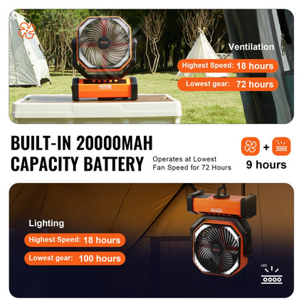 VEVOR staande ventilator 210 x 100 x 268 mm tafelventilator ventilator 138 CMF ventilator met 4 snelheden batterijventilator 20000 mAh voor buitenactiviteiten zoals kamperen, vissen, reizen