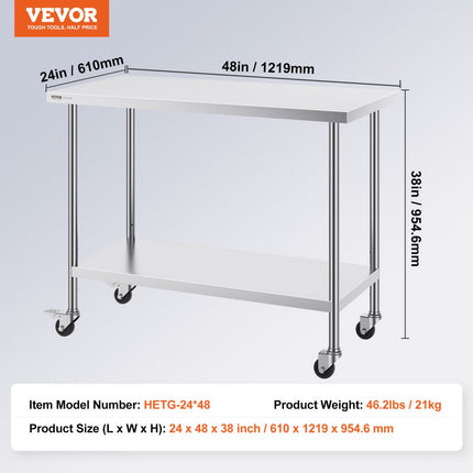 VEVOR RVS Werktafel Commerciële Voorbereidingstafel 610x1219mm Zilver