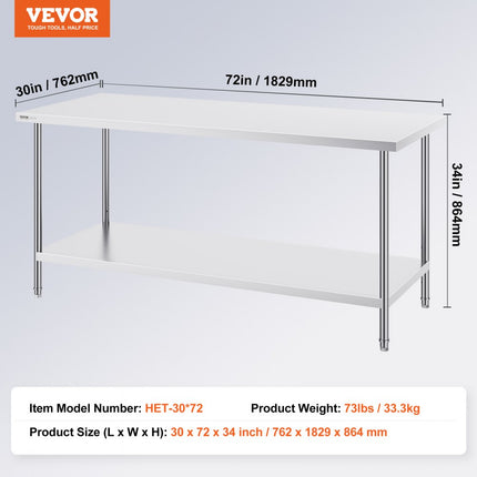 VEVOR voorbereidingstafel werktafel voedselbereiding 762x1829mm