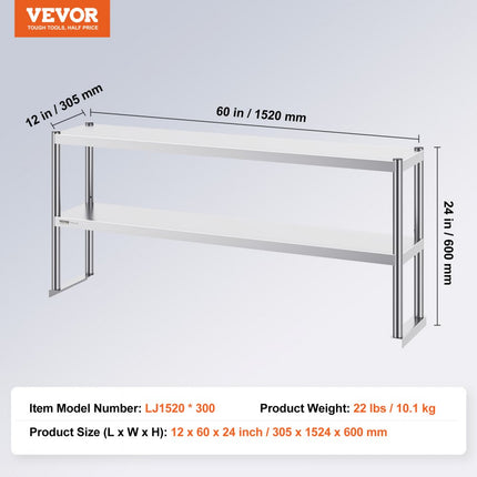 VEVOR roestvrijstalen voorbereidingstafel met dubbele bovenplank, 2 lagen, 305x1524 mm