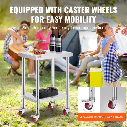 VEVOR Rvs Werktafel Roestvrij Staal Commerciële Keukentafel Voedselbereidingstafel 24x18x34in