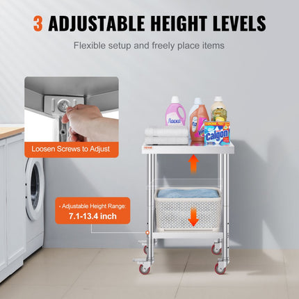 VEVOR Rvs Werktafel Roestvrij Staal Commerciële Keukentafel Voedselbereidingstafel 24x18x34in