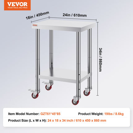 VEVOR Rvs Werktafel Roestvrij Staal Commerciële Keukentafel Voedselbereidingstafel 24x18x34in