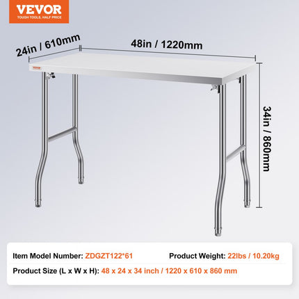 VEVOR Rvs Tafel Werktafel Keukentafel Zilver Roestvrij Stalen Werktafel 1220 x 610 x 850 mm Commerciële Werktafel Gebruikt in de Gezinskeuken Garage