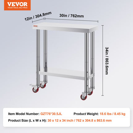 VEVOR Rvs Tafel Werktafel Keukentafel Roestvrij Stalen Werktafel 76 x 30 x 86 cm Zilver