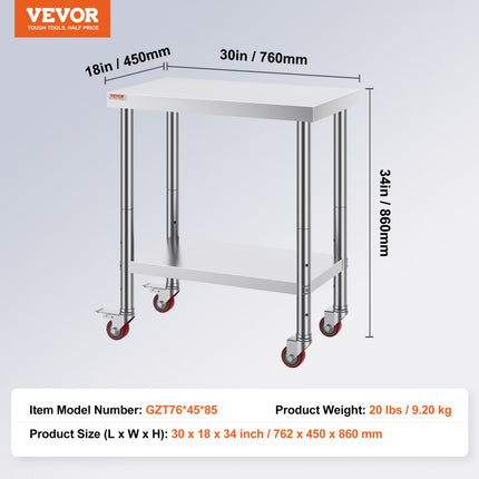 VEVOR Rvs Tafel Werktafel Keukentafel Roestvrij Stalen Werktafel 76 x 46 x 86 cm Zilver