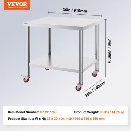 VEVOR Rvs Tafel Werktafel Keukentafel Roestvrij Stalen Werktafel 91 x 76 x 86 cm Zilver