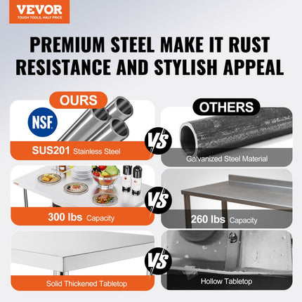 VEVOR commerciële werktafel, 1220 x 762 mm, opvouwbare commerciële voorbereidingstafel, klaptafel met dubbele plank, roestvrijstalen keukenwerktafel met een draagvermogen van 350 kg, zilver keukeneiland