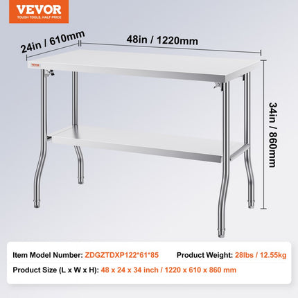VEVOR Rvs Tafel Werktafel Keukentafel 1220 x 610 x 850 mm Roestvrij Stalen Werktafel Zilver Commerciële Werktafel Gebruikt in de Gezinskeuken Garage