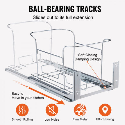 VEVOR Uitschuifbare afvalbak, 35L x 2 dubbele bakken, ondergemonteerde keukenafvalbak met schuif- en deurmontageset, 50kg laadvermogen, uitschuifbare prullenbak voor keukenkast, gootsteen, enz.