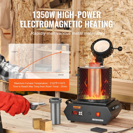 VEVOR goudsmeltoven 1350W elektrische digitale smeltoven 1150℃ elektrische smeltoven met 1kg en 3kg grafietkroezen voor het smelten van goud, zilver, koper, aluminium enz. Zwart