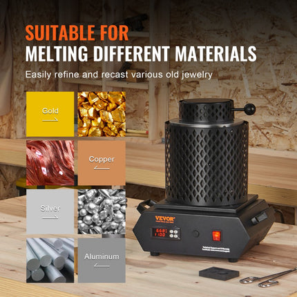 VEVOR goudsmeltoven 1350W elektrische digitale smeltoven 1150℃ elektrische smeltoven met 1kg en 3kg grafietkroezen voor het smelten van goud, zilver, koper, aluminium enz. Zwart