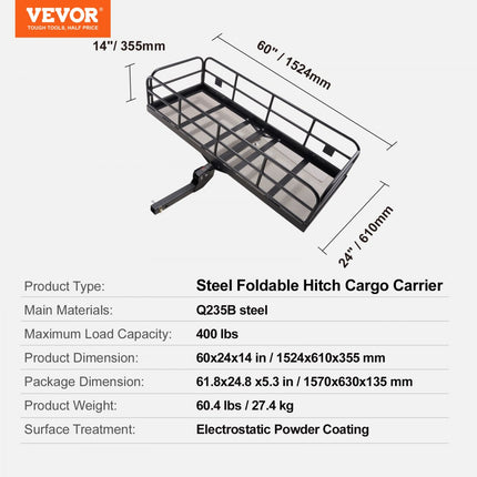 VEVOR 1524 x 610 x 355 mm bagagerek met trekhaak Game Carrier achterdrager, 181,4 kg laadvermogen, gemonteerde bagagemand, Q235B roestvrijstalen bagagerek, geschikt voor SUV, vrachtwagen etc.