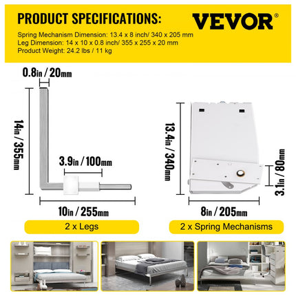 VEVOR Murphy Mount Wall Spring Mechanism 450kg Heavy Duty Ondersteuning Hardware Bedbeugel Compatibel met 1,2-1,8m Breedte DIY Kit voor Kingsize Bedden (Verticaal), Wit