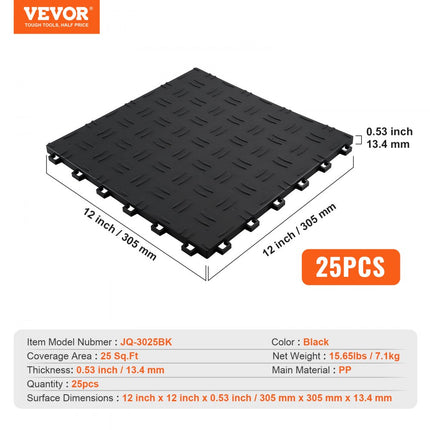 VEVOR garagevloerbeslag 305 x 305 x 13,4 mm set van 25 industriële vloer antislip dubbelzijdige structuur garagevloer voor garages kelders reparatiewerkplaatsen zwart