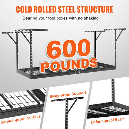 VEVOR 36" x 96" Garageplafondplank Garageplafondplank Verstelbare koudgewalste stalen planken voor garageopslagorganisatie 500lb Draagvermogen 22"-40" Zwart