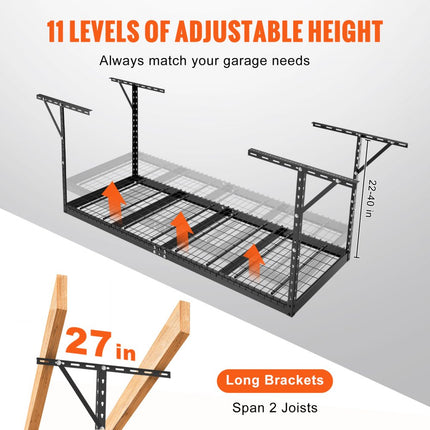 VEVOR 36" x 96" Garageplafondplank Garageplafondplank Verstelbare koudgewalste stalen planken voor garageopslagorganisatie 500lb Draagvermogen 22"-40" Zwart