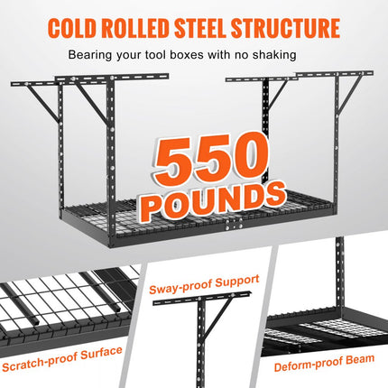 VEVOR plafondplank voor garage 91,4x182,9x101,6cm plafondplank voor garage verstelbare planken van koudgewalst staal voor garageopslagorganisatie 272kg draagvermogen 55,9-101,6cm zwart