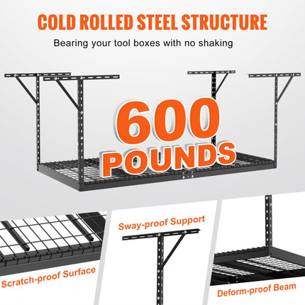 VEVOR plafondplank voor garage 121,9x243,8x101,6cm plafondplank voor garage verstelbare planken van koudgewalst staal voor garage opslagorganisatie 272kg draagvermogen 55,9-101,6cm zwart