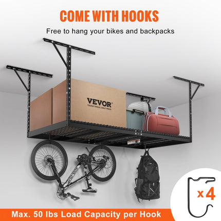 VEVOR plafondplank voor garage 121,9x243,8x101,6cm plafondplank voor garage verstelbare planken van koudgewalst staal voor garage opslagorganisatie 272kg draagvermogen 55,9-101,6cm zwart