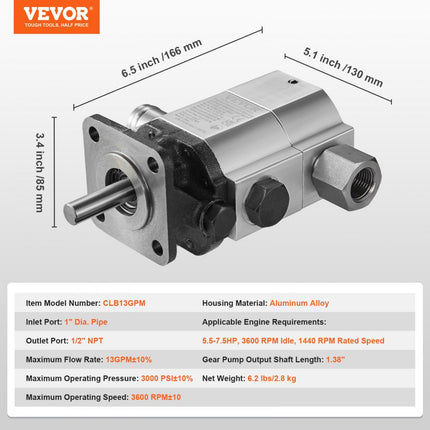 VEVOR hydraulische houtkloverpomp, 13 GPM, 2-traps 3000 PSI houtkloverpomp, 1" inlaat 1/2" NPT uitlaat 3600 RPM aluminium hydraulische tandwielpomp, voor kleine motorhoutklover, sneeuwploeg