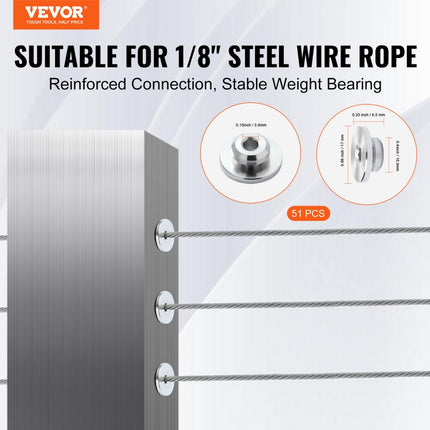 VEVOR 51-pack kabelrailset, 1/8" wielbeschermermouwen, bundel met zwarte onzichtbare 1/8" persspanner en klem, kabelrailpaalbeschermerhoezen voor 0,41" horizontale gatenpalen