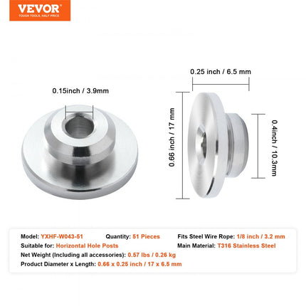VEVOR 51-pack kabelrailset, 1/8" wielbeschermermouwen, bundel met zwarte onzichtbare 1/8" persspanner en klem, kabelrailpaalbeschermerhoezen voor 0,41" horizontale gatenpalen