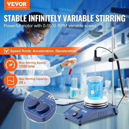 VEVOR magnetische roerder verwarmingsplaat, max. 340 °C, 1500 RPM verwarmingsplaat met magneetroerder, 20 liter verwarmingsplaatroerder met LED-scherm, steunstandaard en roerstaven, 650 W verwarmingsvermogen