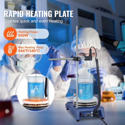 VEVOR magnetische roerder verwarmingsplaat, max. 340 °C, 1500 RPM verwarmingsplaat met magneetroerder, 20 liter verwarmingsplaatroerder met LED-scherm, steunstandaard en roerstaven, 650 W verwarmingsvermogen