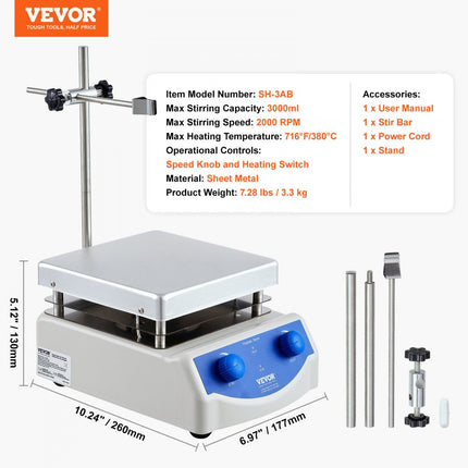 VEVOR magnetische roerder verwarmingsplaat, max. 380 °C, 0-2000 RPM verwarmingsplaat met magneetroerder, 3000 ml verwarmingsplaatroerder, steunstandaard en roerstaven inbegrepen, 500 W verwarmingsvermogen