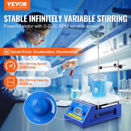 VEVOR magnetische roerder verwarmingsplaat, max. 300 °C, 0-2000 RPM verwarmingsplaat, 5000 ml verwarmingsplaatroerder met LED-scherm, standaard en roerstaven inbegrepen, 500 W verwarmingsvermogen