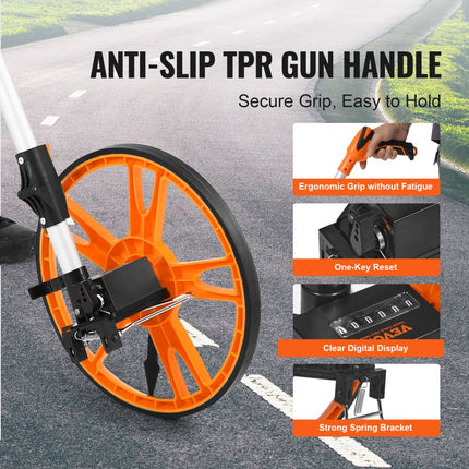 VEVOR meetwiel 0-3km precisie meetwiel ±0,5% meetrol rollende snelheidsmeter met telescoopstang 100-40cm meetwiel φ317,5mm afstandsmeter gemaakt van ABS + aluminiumoxide incl. draagtas