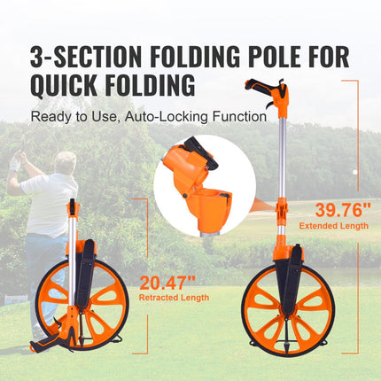 VEVOR meetwiel 0-9999,9m precisiemeetwiel ±0,5% meetrol roltacho met telescopische stang 101-52cm meetwiel φ317,5mm afstandsmeter gemaakt van ABS + aluminiumoxide incl. draagtas