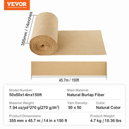 VEVOR jute stof 50x50 jute decoratieve stof ambachtelijke stof jute lint 355mmx45.7m