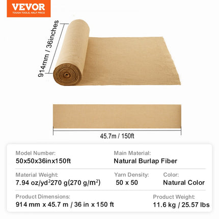 VEVOR jute stof 50x50 jute decoratieve stof ambachtelijke stof jute lint 914mmx45.7m