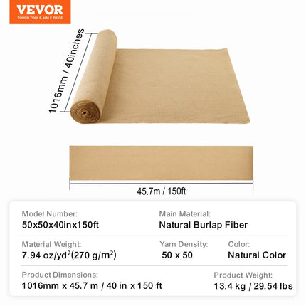 VEVOR jute stof jute decoratieve stof 1016 mm x 45,7 m voor ambachtelijke planten